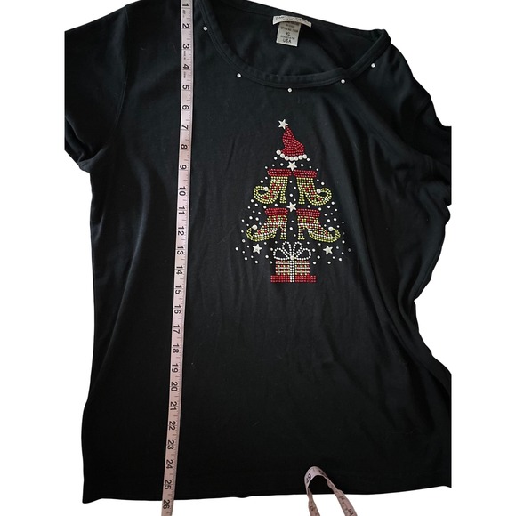 Isaacs Designs Christmas Tree Rhinestone 3/4 Sleeve Black Top XL Holidays Party - Picture 9 of 9